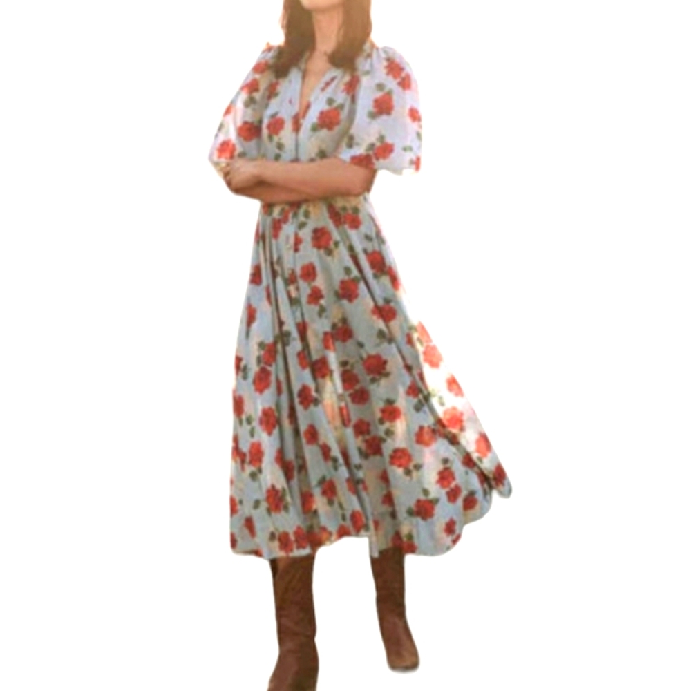 The GREAT. Bridge Dress Western Rose print Light Blue Red Midi/Maxi Length sz1